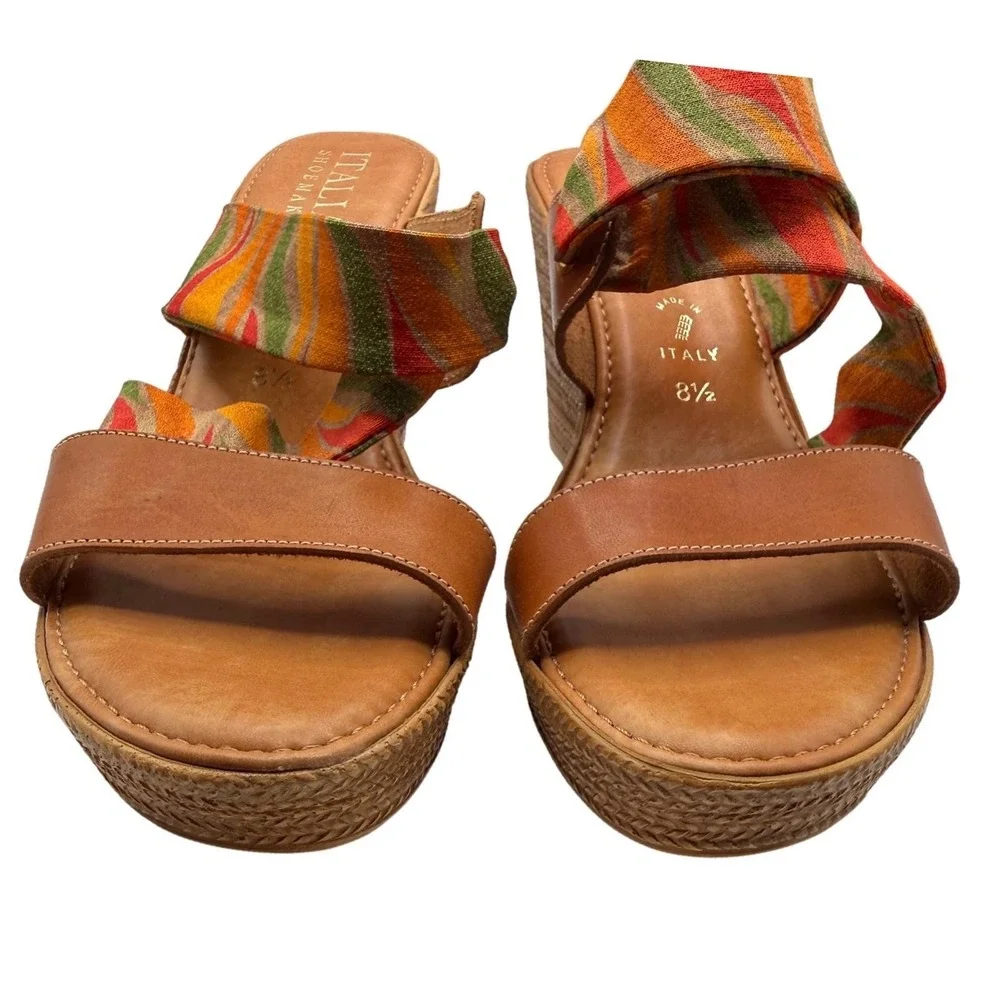 Italian Shoemaker Women 8.5 Multicolor Strap Slip On Wedge Heel Open Toe Sandals